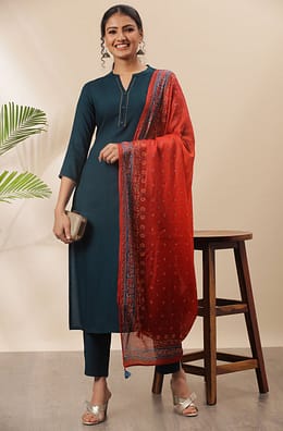 Teal Rayon Solid Kurta with Pant and Dupatta