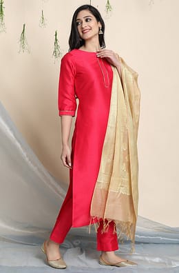 Pink Poly Silk Solid Kurta with Pant and Dupatta