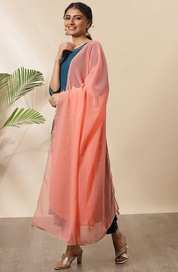 Teal Poly Crepe Floral Print Kurta with Pant and Dupatta